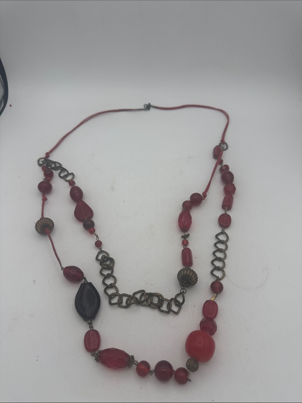 Vintage Boho Layered Red Glass & Acrylic Bead Statement Necklace Asymmetric Bras